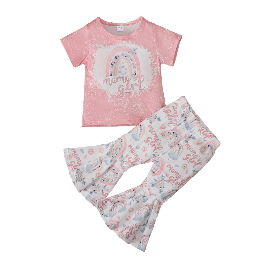 Wholesale Children's Rainbow Print Short Sleeve Bell Bottoms Two Piece Children's Clothing Set